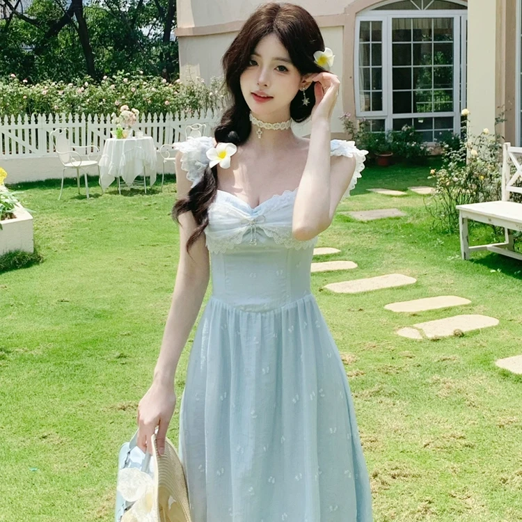 桔梗house告白情书夏日氛围感度假风温柔甜美蕾丝小飞袖长裙
