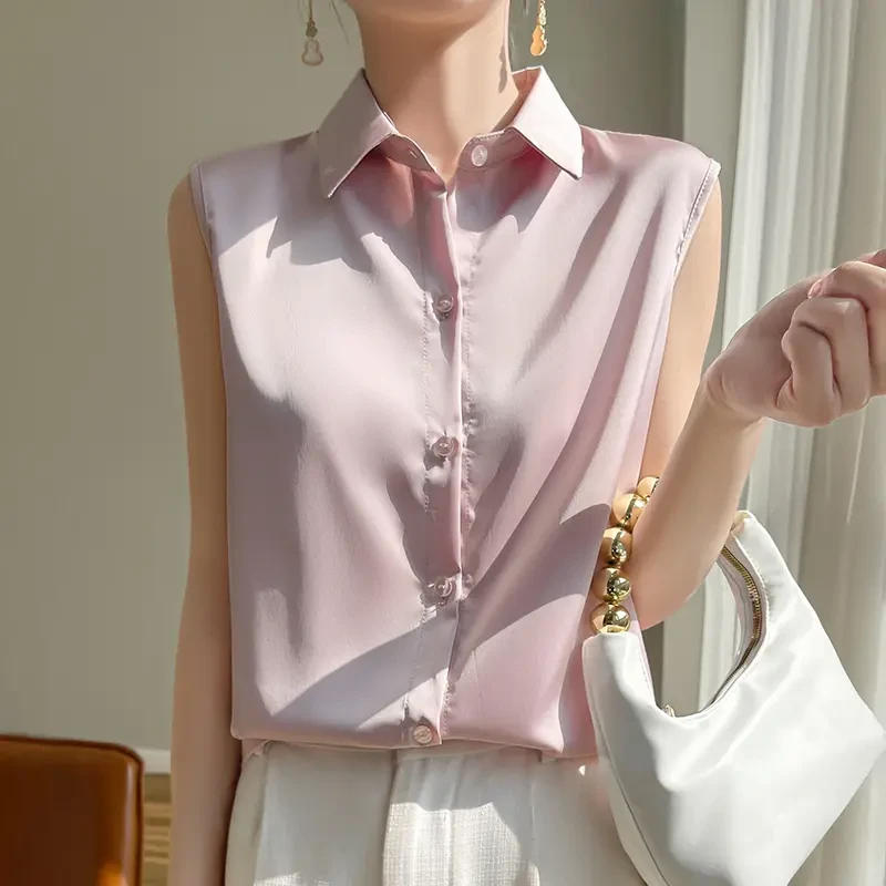 夏季缎面气质无袖开衫T恤女宽松显瘦百搭洋气薄款纯色上衣设计感