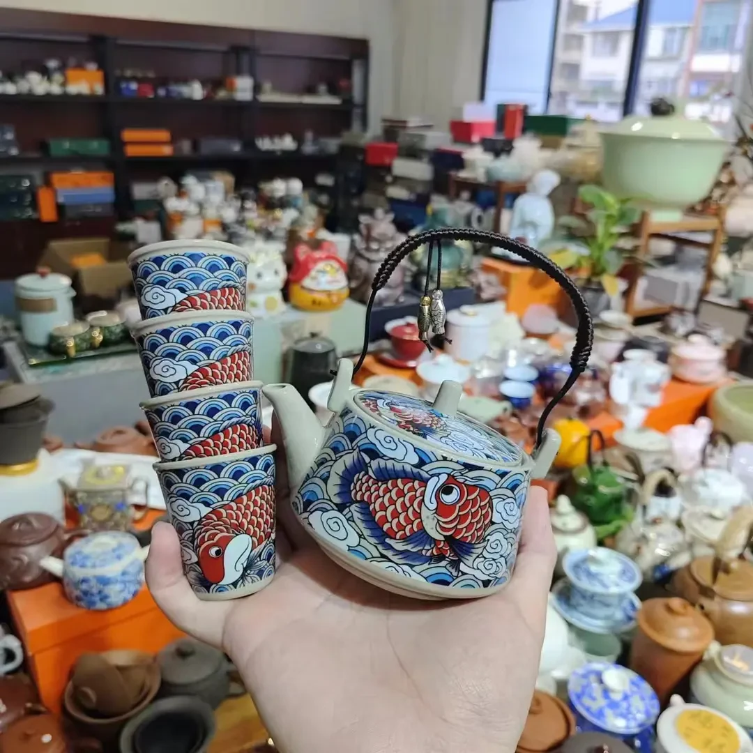 复古陶泥草木灰锦鲤提梁壶一壶四杯小套装功夫茶具1923