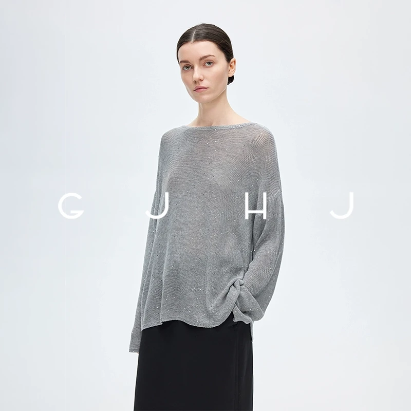 现货 gjhj天丝亚麻珠片纱一字领罩衫宽松轻奢法式时尚针织衫女T恤