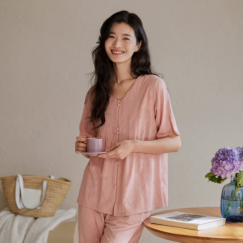 秋鹿超柔软提花棉睡衣女2025春夏季新款高级感短袖V领家居服套装