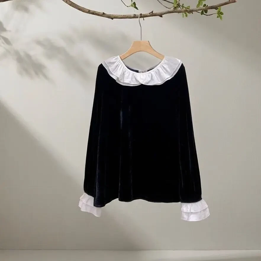 《海津洋》秋冬上新法式复古金丝绒拼接黑色打底别致小众上衣