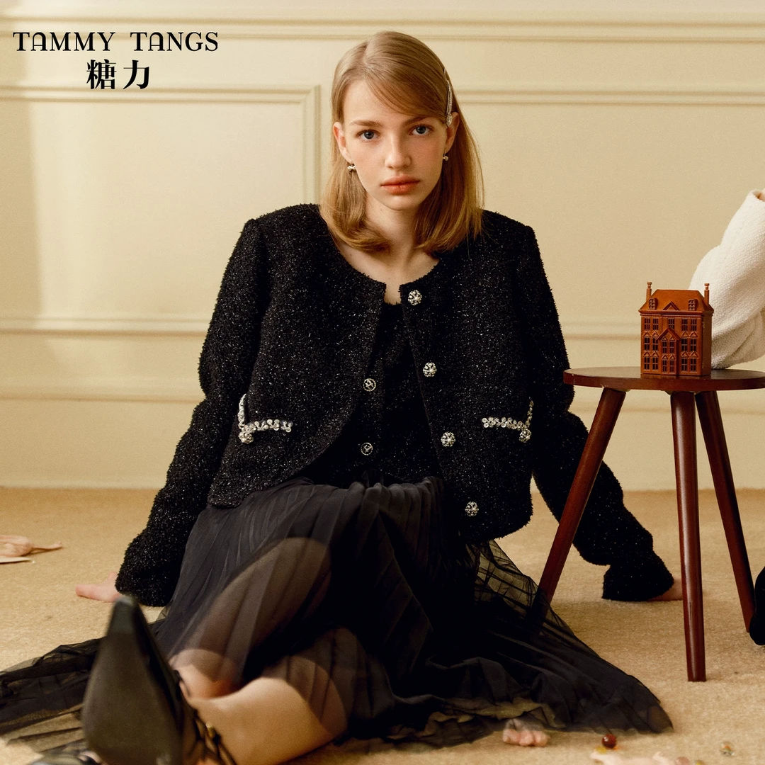 糖力秋新款精致千金亮丝珠片编织小香风短外套女