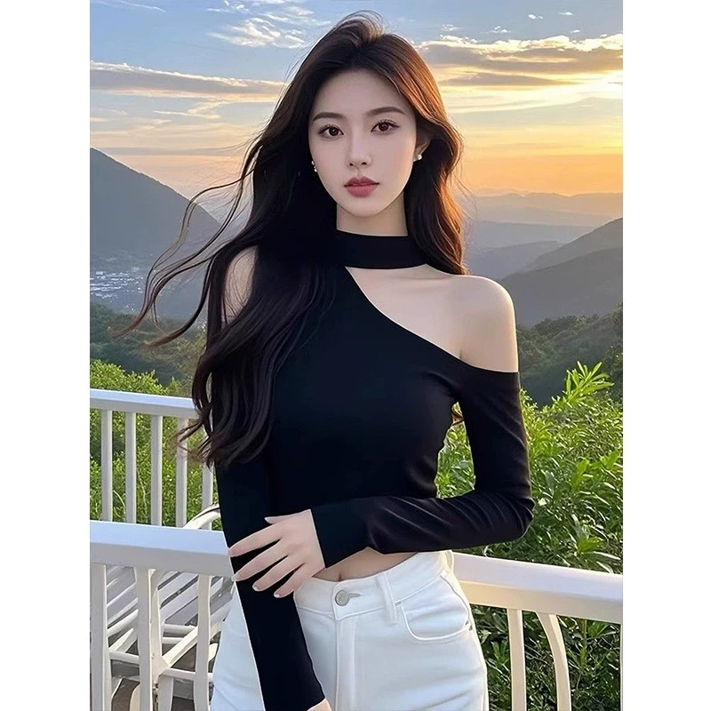 一字领交叉挂脖黑色打底衫女春秋季新款显瘦性感辣妹t恤上衣内搭