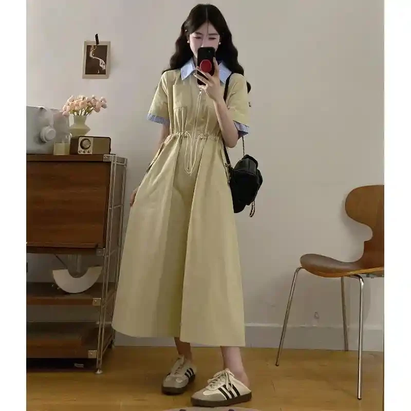 法式高级感衬衫连衣裙女夏季大码胖mm收腰显瘦复古工装休闲风长裙