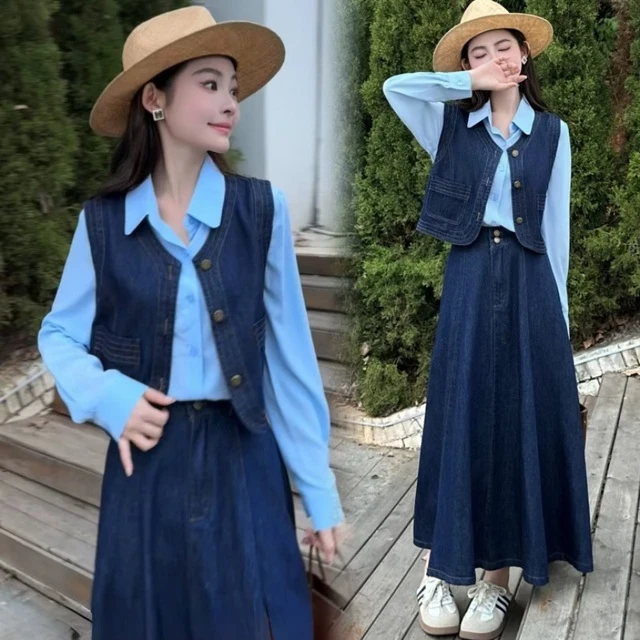 韩版时尚牛仔套装裙女2025春夏新款气质马甲衬衫百搭半身裙三件套