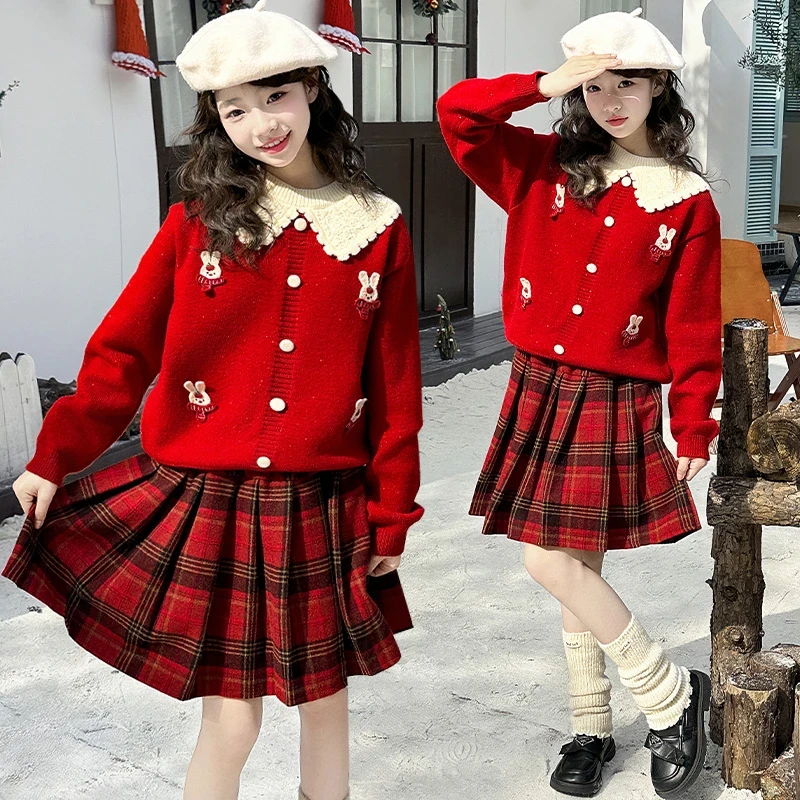 女童红色针织开衫格子百褶裙套装秋冬款学院风中大童洋气儿童冬装