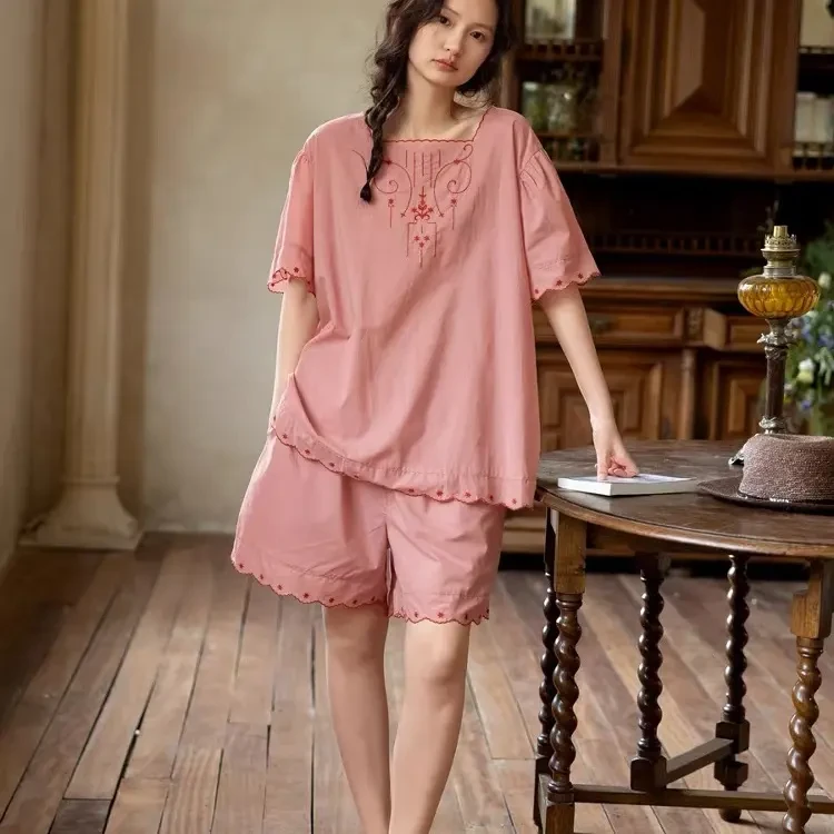 族玛士纯棉女士夏季甜美碎花短袖短裤可外穿家居服套装