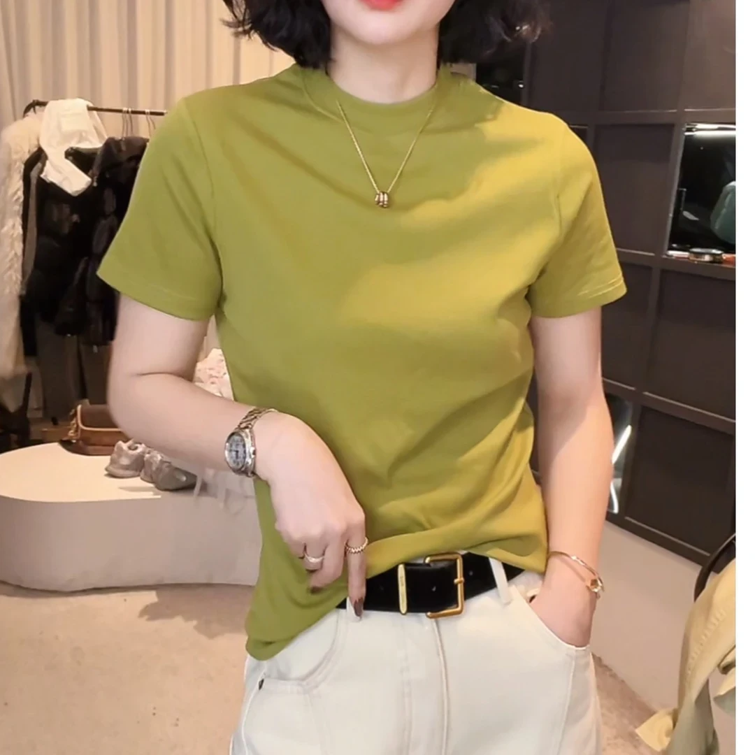 早春圆领时尚百搭短袖显瘦上衣t恤女洋气正肩新款女款女士短袖