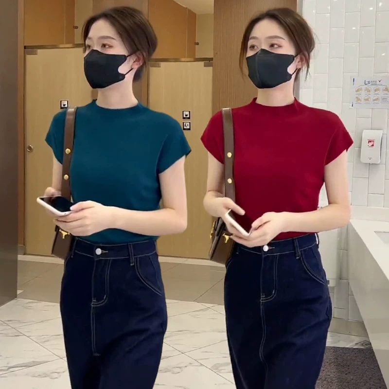 冰丝针织衫短袖t恤女夏季背心新款显瘦无袖薄上衣外穿内搭打底衫