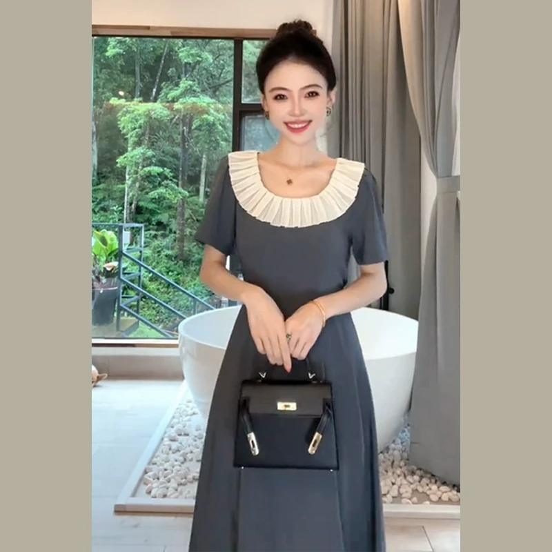 法式褶皱花瓣领撞色系带连衣裙女夏季2025新款设计感小众气质长裙