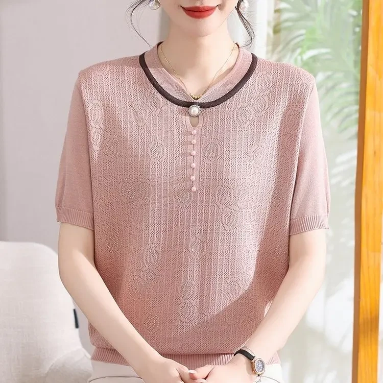 新中式妈妈夏装薄款针织短袖T恤洋气上衣中老年女宽松小衫楠