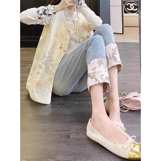 2025新中式国风印花直筒牛仔裤女夏季新款胖妹妹mm显瘦九分烟管裤