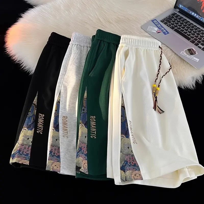 刺绣中国风拼接短裤男夏季美式复古运动休闲潮牌宽松大码五分裤子