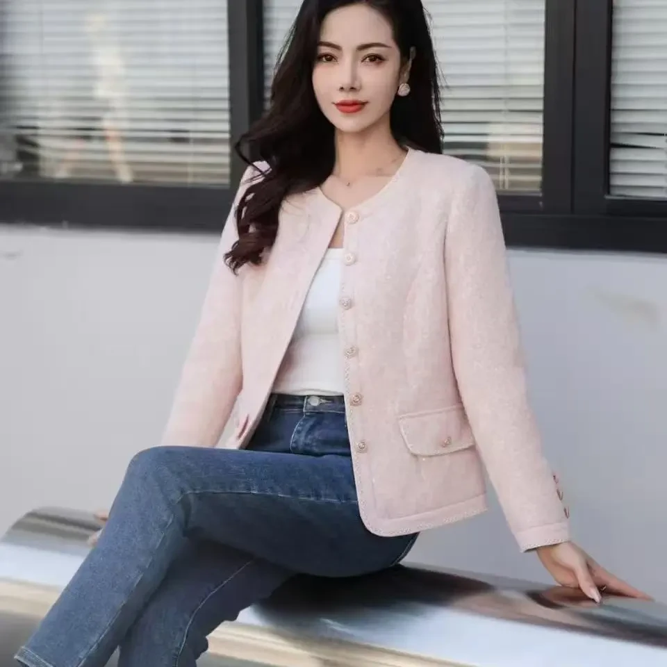 加厚春季休闲女装上衣纯色直下摆韩版小香风九分袖钉珠女装