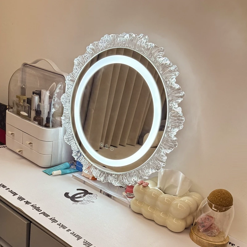 化妆镜带灯台式桌面led梳妆镜子家用卧室店铺轻奢旋转补光美妆镜