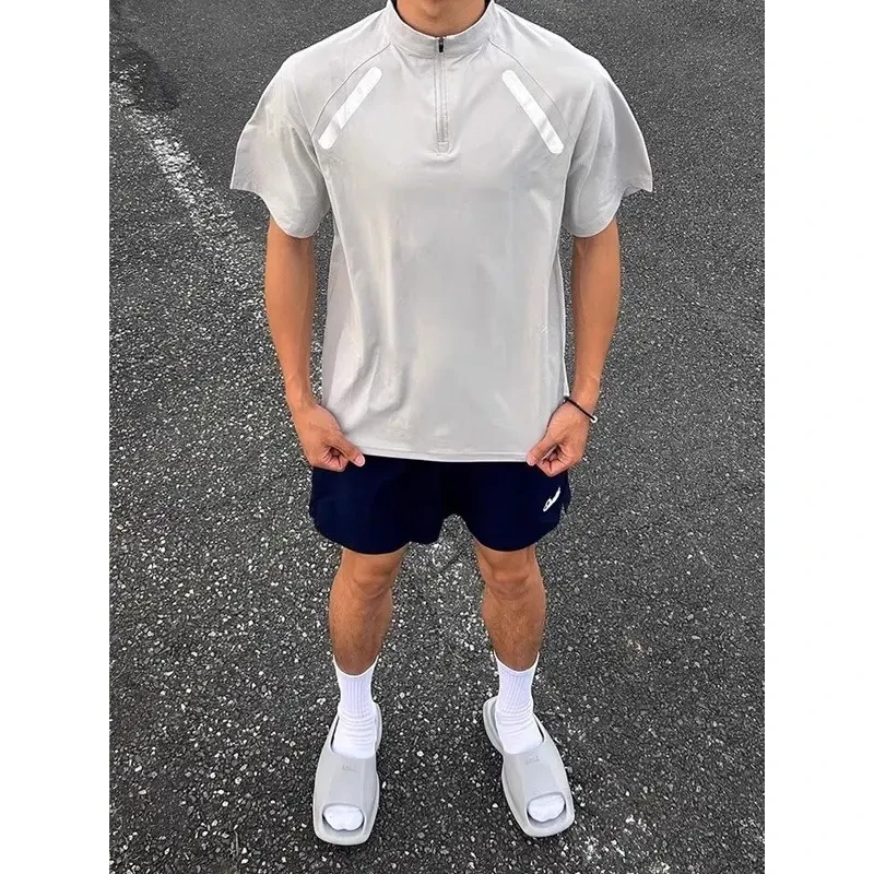 大码300斤城市运动短袖t恤夏季新款拉链防晒跑步户外排汗速干上衣