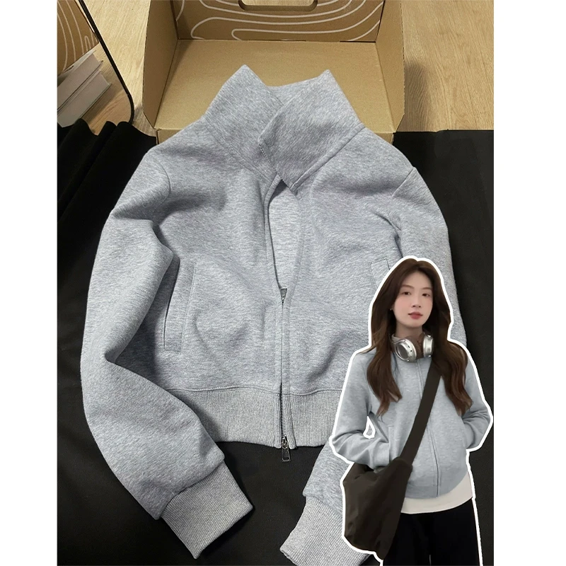 灰色立领修身正肩卫衣开衫秋季短款外套女显瘦2025新款秋季穿搭