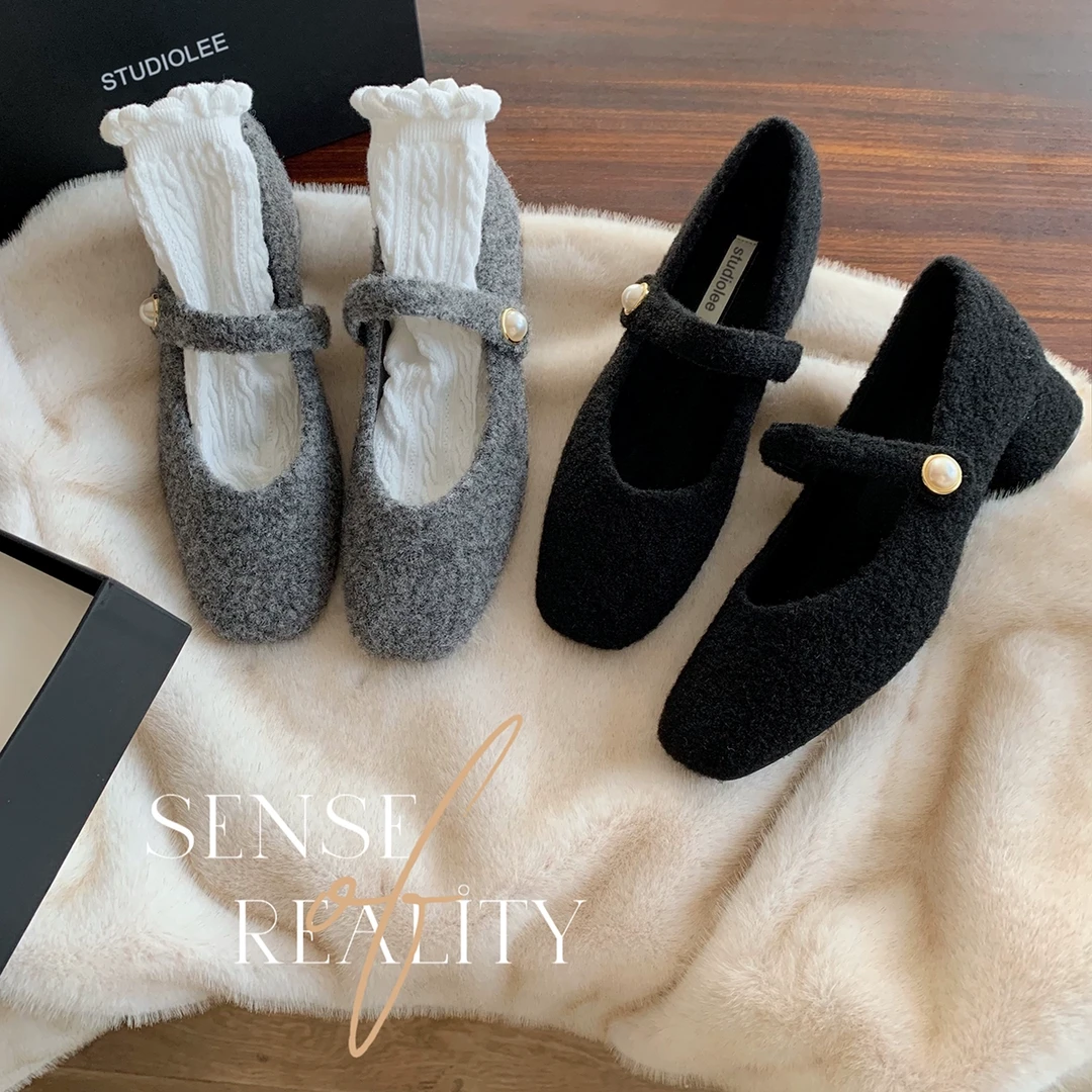 葡萄妈studiolee 法式方头一字带浅口加绒增高粗跟玛丽珍单鞋女