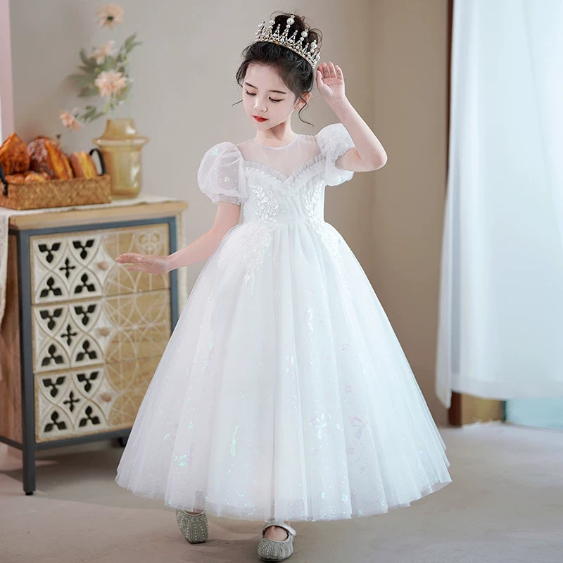 2025女童礼服花童公主裙新款长裙儿童白色连衣裙高端纱裙演出夏装