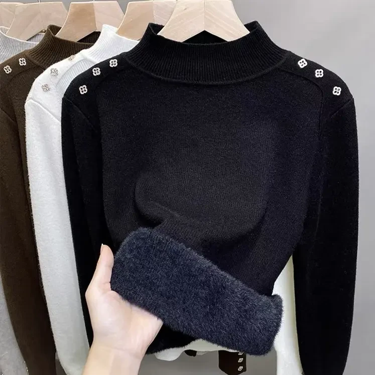 026半高领一体绒加厚针织毛衣女秋冬韩系慵懒风时尚内