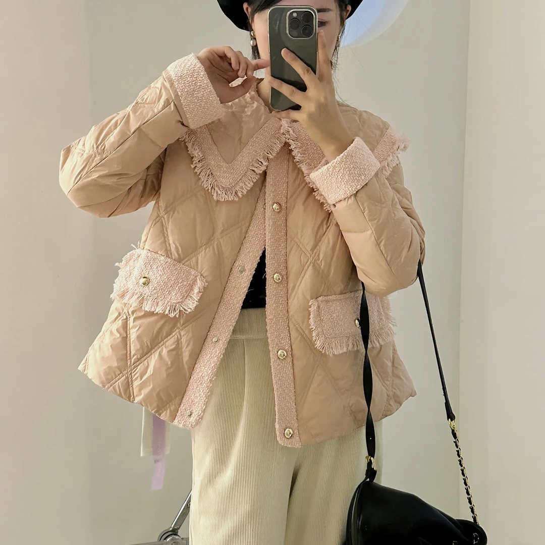长袖秋冬女加厚保暖小香风百搭气质短款娃娃领时尚宽松羽绒服