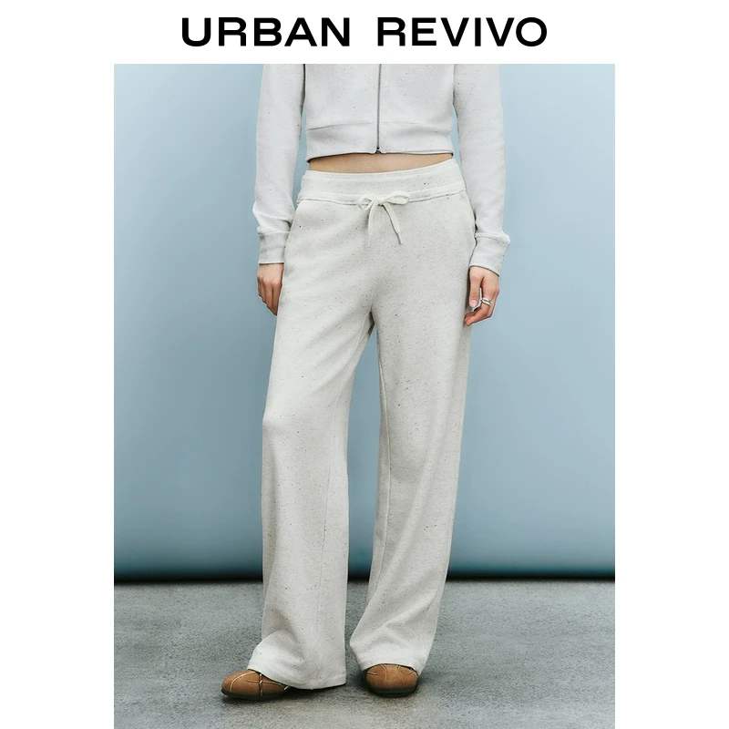 UR2025秋季新款女装简约休闲运动风高腰抽绳阔腿裤UYY650006