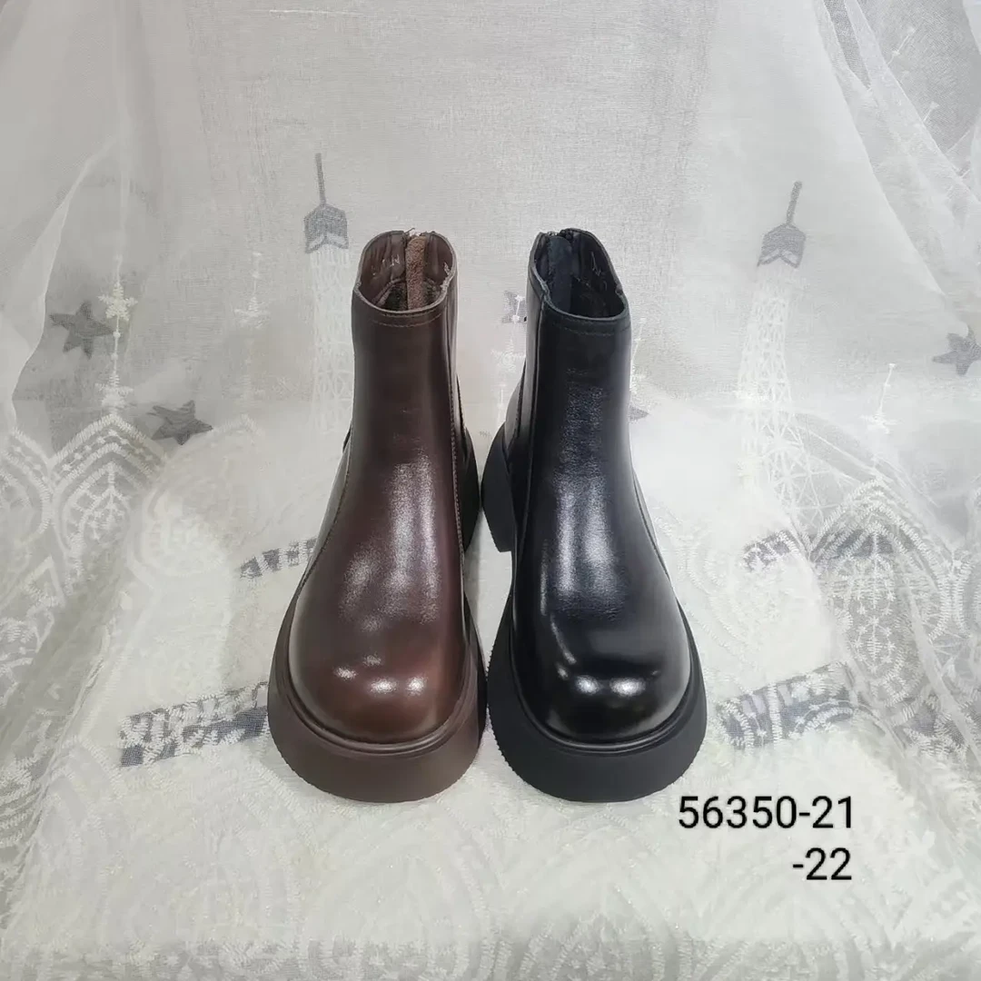 秋冬复古厚底真皮短靴女圆头系带英伦风百搭增高瘦瘦靴