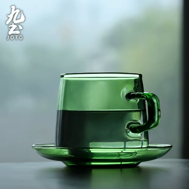九土家用耐热玻璃咖啡杯碟高硼硅水杯复古下午茶杯带把手牛奶杯子