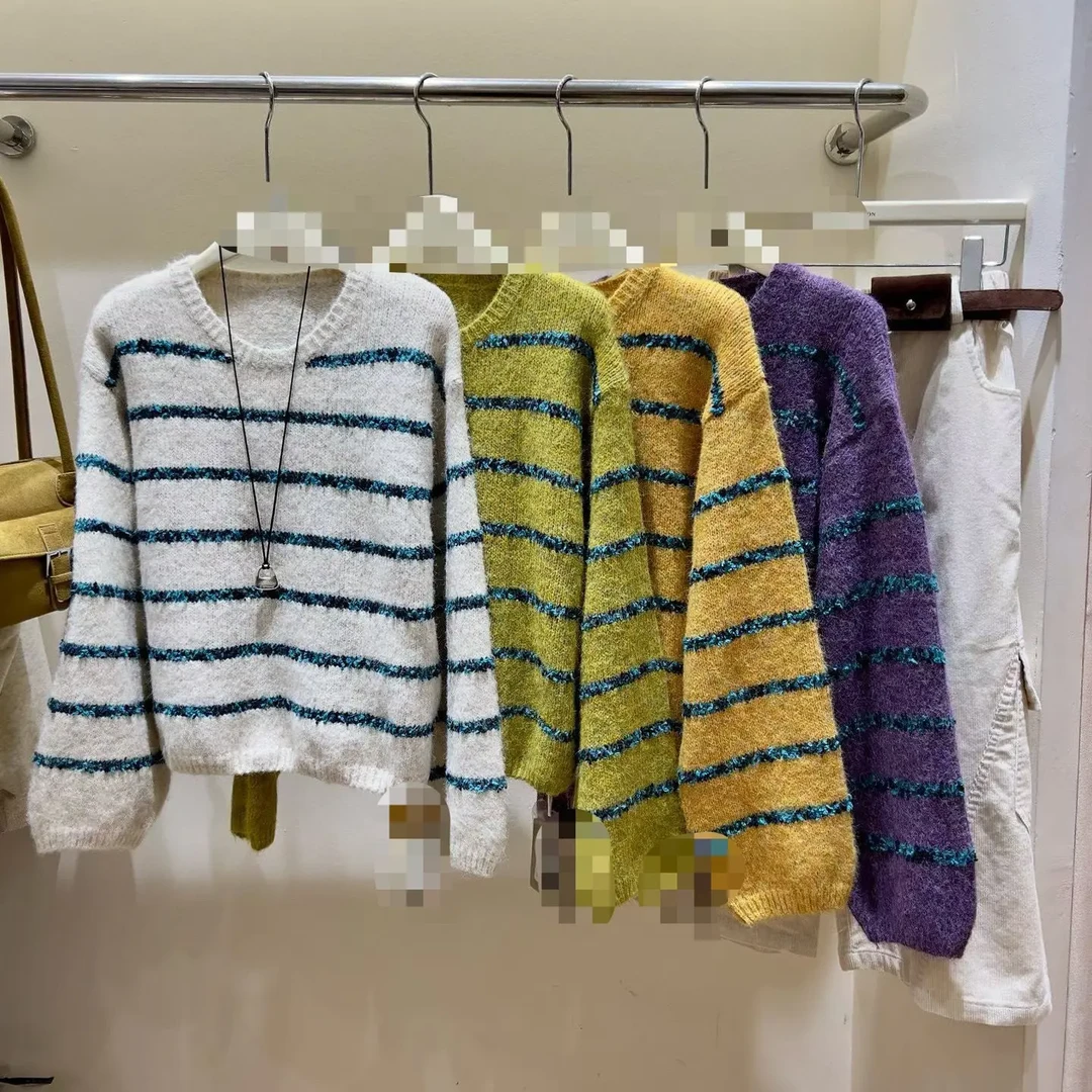 韩版长袖网红女女装拼接毛衫条纹毛针织衫针织圆领