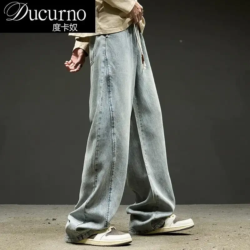 男士新款痞帅潮男裤子美式高街牛仔裤男款春秋水洗裤阔腿