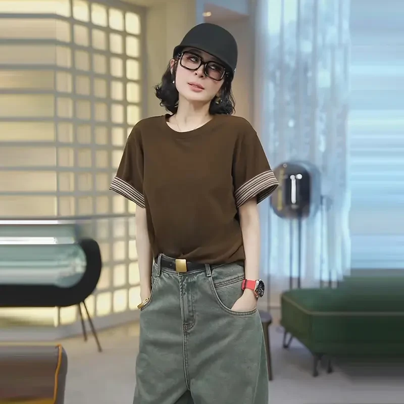 拼接条纹正肩圆领短袖t恤女夏季宽松韩版显瘦休闲设计感重磅上衣