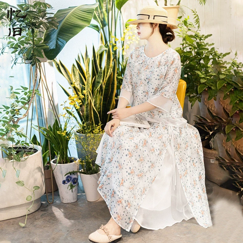 现货36【迷雾花间】仿天丝印花上衣女夏季新款圆领斜门襟A字裙套装