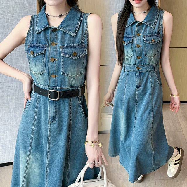 夏季韩系氛围感穿搭超好看无袖大码牛仔连衣裙女牛仔翻领背心长裙