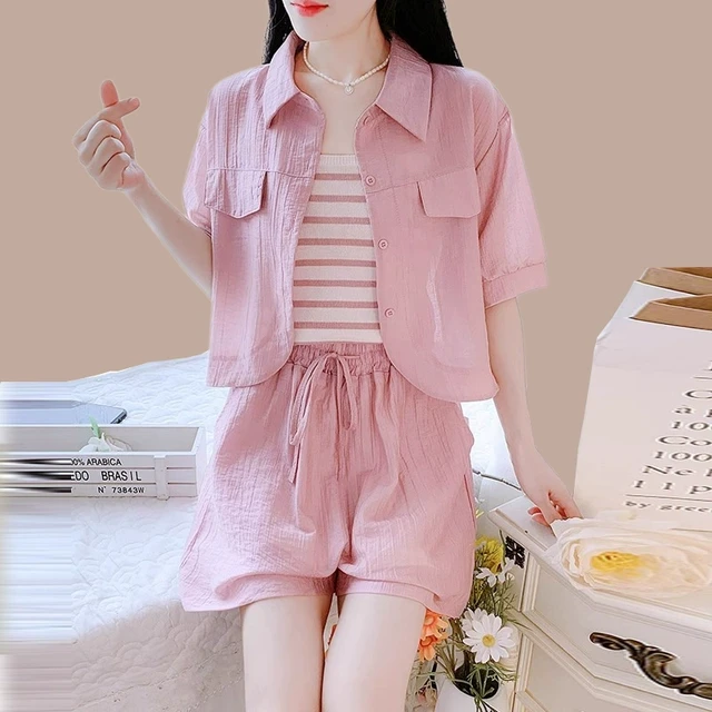 休闲运动欧货防晒衣衬衫套装女夏季小个子时尚短袖短裤吊带三件套