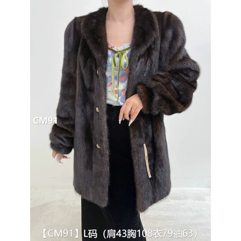 【CM91】L码 棕黑色全抽中长款貂皮大衣皮草外套 翻领泡泡袖