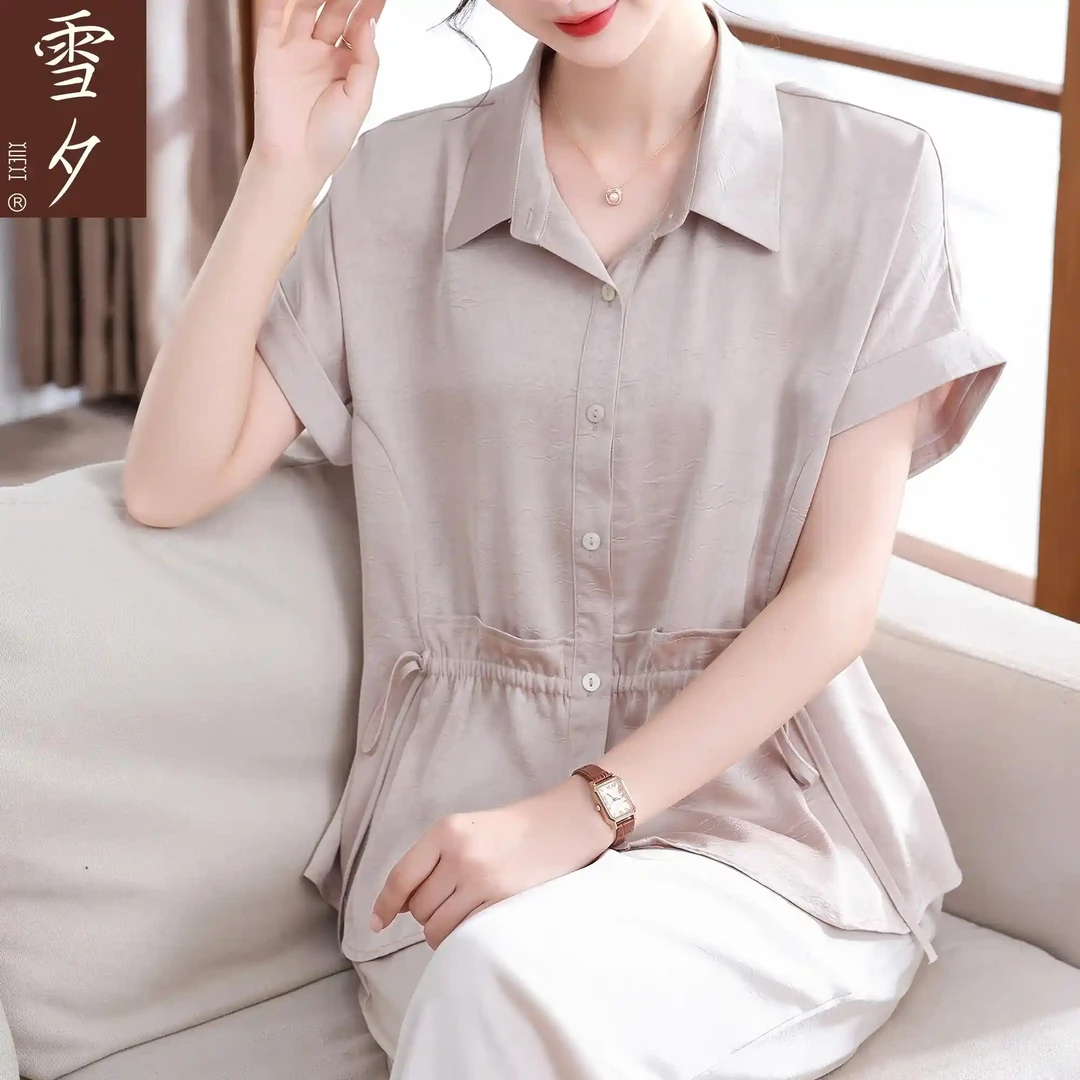 雪夕妈妈夏装短袖衬衫套装翻领大尺码上衣新款中老年女夏季雪纺上