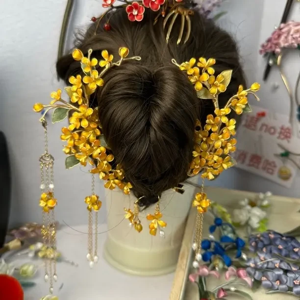 合金胸针绒花桂花发簪古风流苏头饰新中式汉服配饰手工盘发钗女