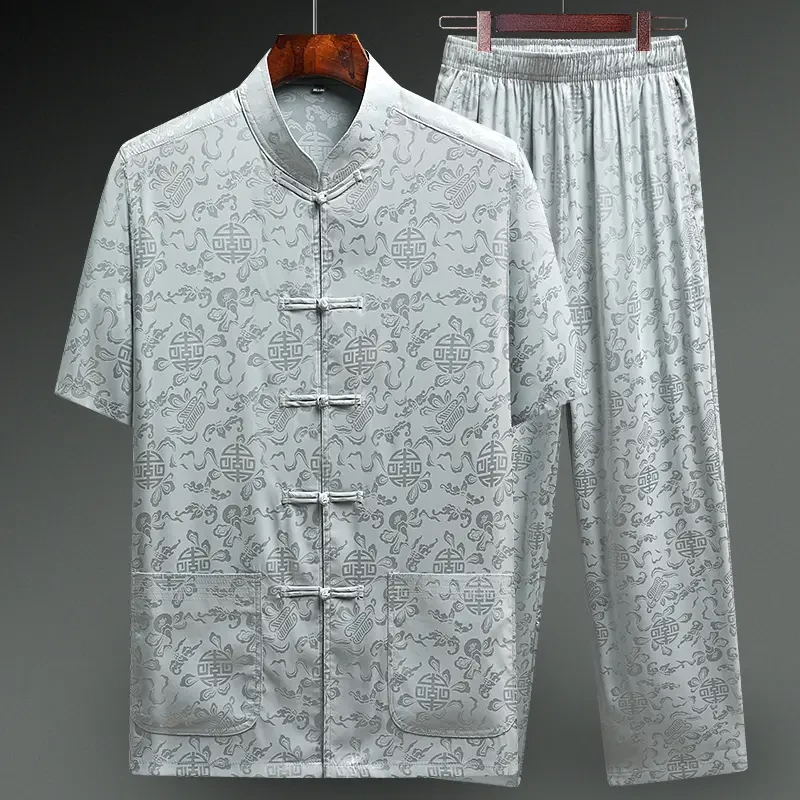 冰丝唐装男中老年人短袖爷爷套装中国风中式爸爸夏装宽松薄款衣服