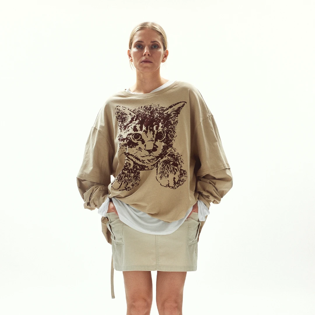 REFOUND TEN设计师假两件小猫印花宽松长袖DSC买手店BY5R15010