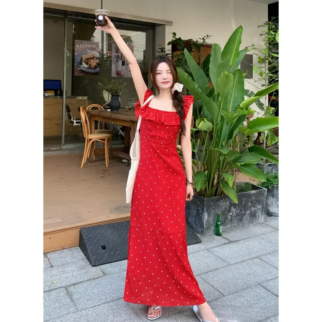 法式气质甜美荷叶边方领波点红色连衣裙女夏季新款收腰裙子鱼尾裙