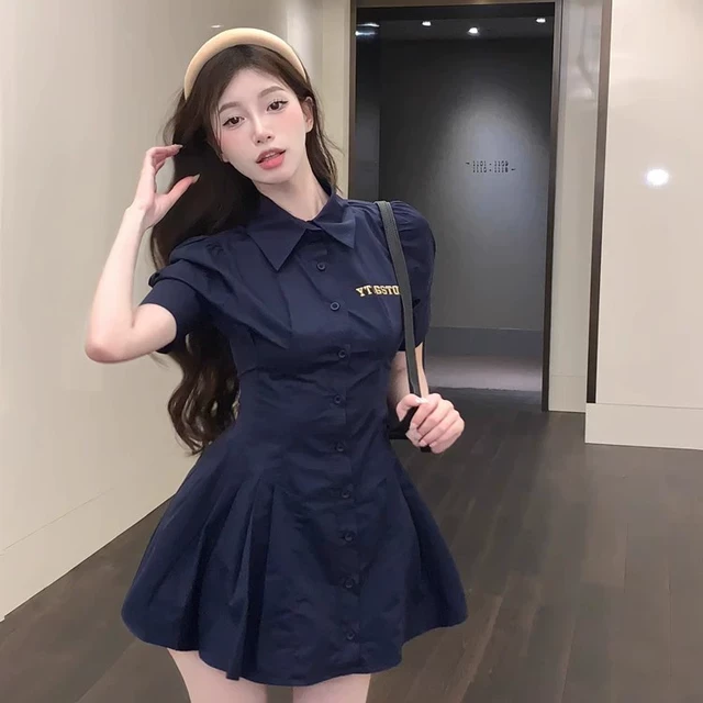 polo领泡泡短袖衬衫连衣裙女夏法式学院风甜辣妹收腰百褶a字短裙