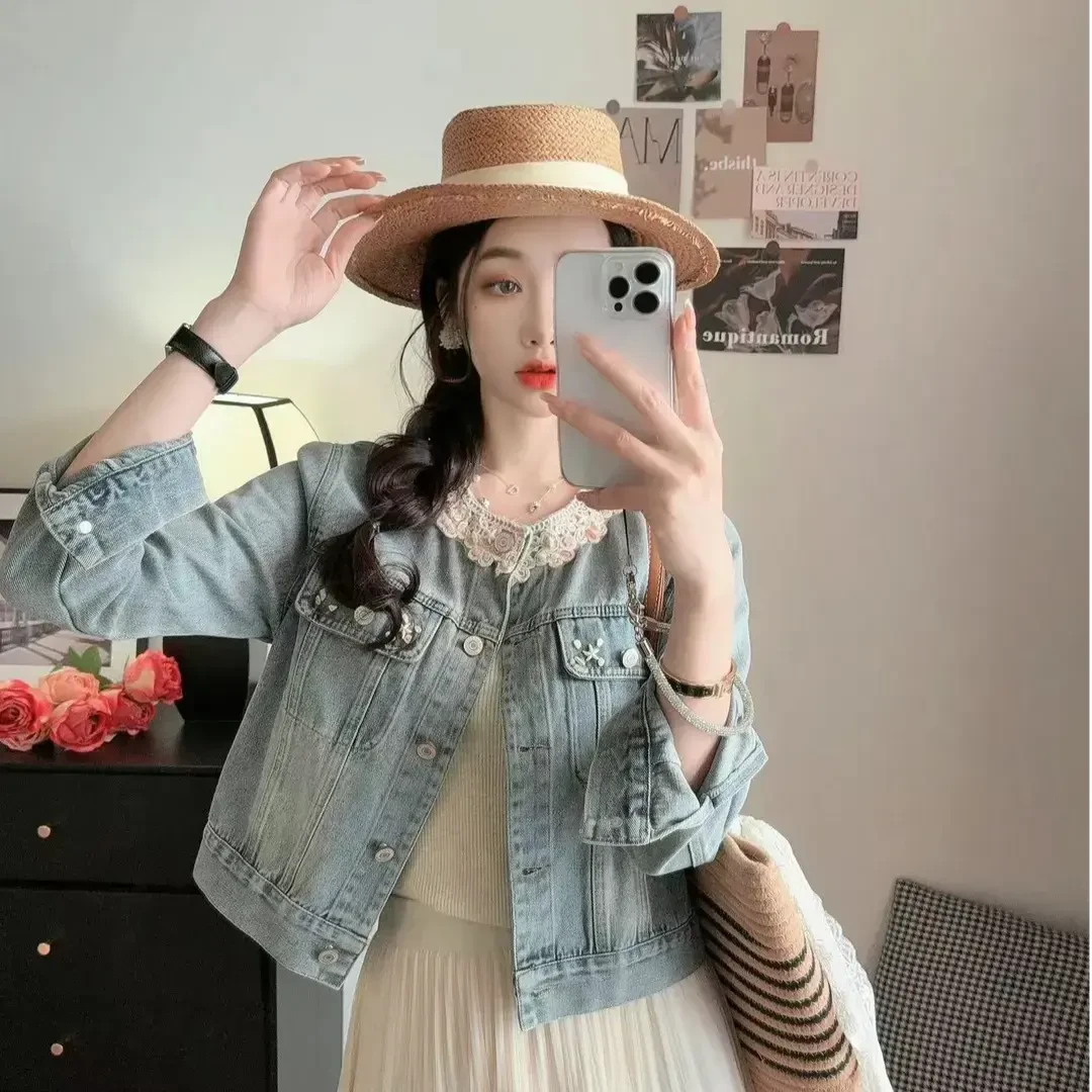 蕾丝花边拼接短款牛仔外套女2025春季新款韩版小个子夹克百搭上衣