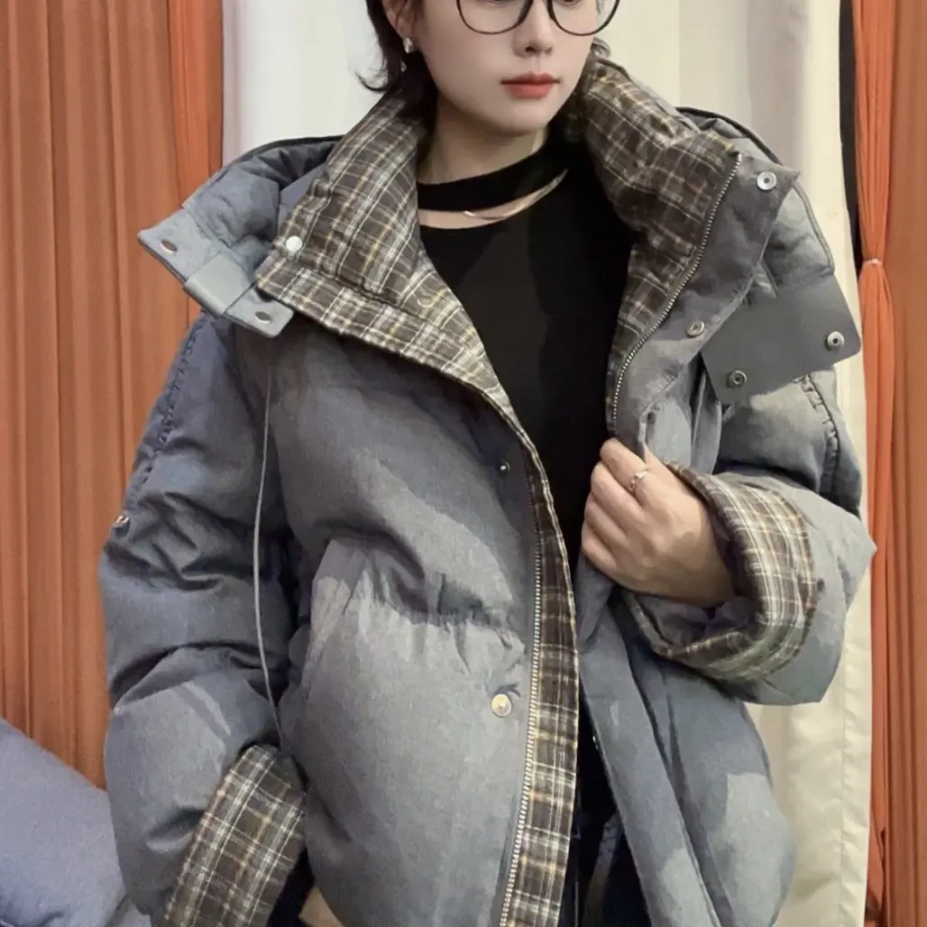 冬季新款时尚格子拼接加厚保暖连帽羽绒服外套
