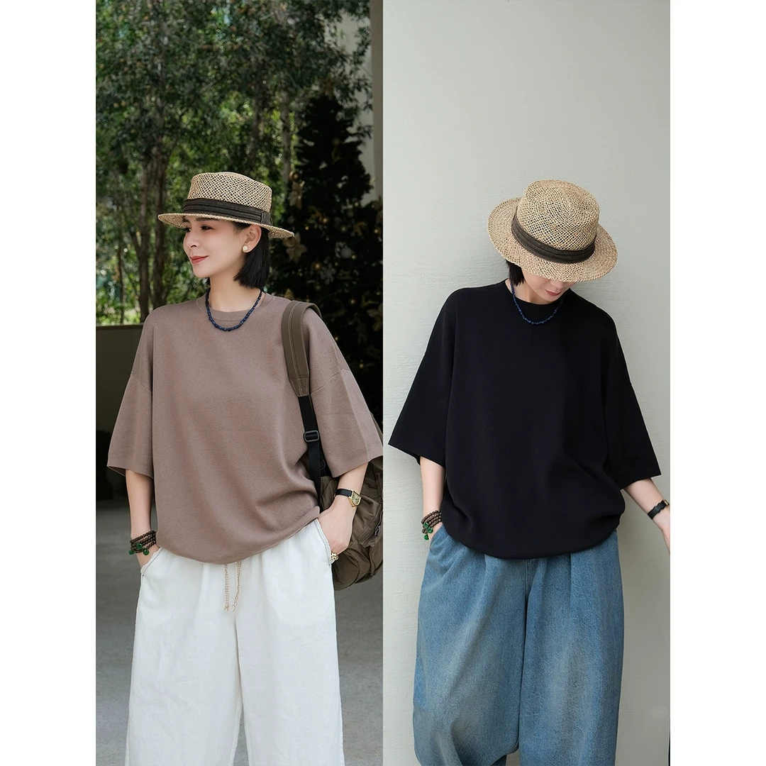 麻霖早春新品亲肤透气苎麻棉柔软细腻圆领宽松百搭针织上衣T恤