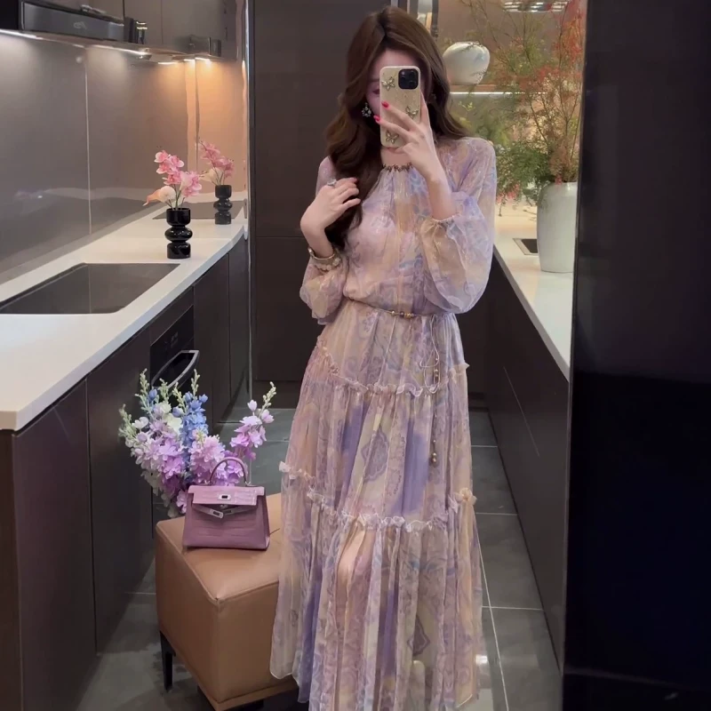 法式温柔风紫色长袖碎花连衣裙女春夏季新款森系仙初恋绝美长裙