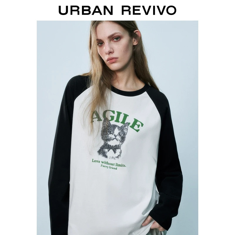 UR2025春季新款女装欧若风轻复古学院风撞色印花长袖T恤UYY450025