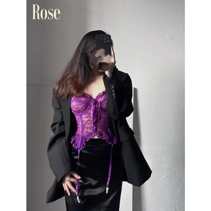 晚瑰·Rose 叙说 高订性感迷人深紫蕾丝花边吊带背心女通勤辣妹