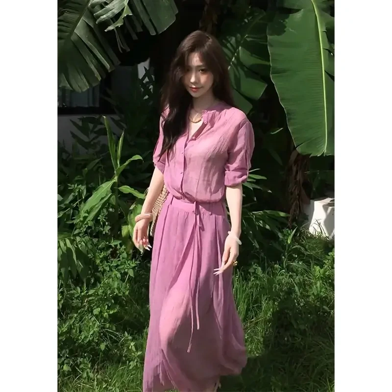 2025夏季新款设计感连衣裙女法式气质圆领短袖收腰显瘦中长款裙子
