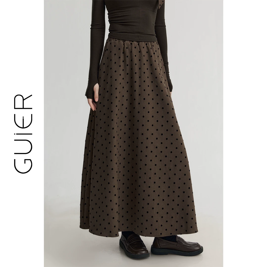 「GUIER」波点半身裙长款女春复古褶皱高腰垂感显瘦a字裙XH4435